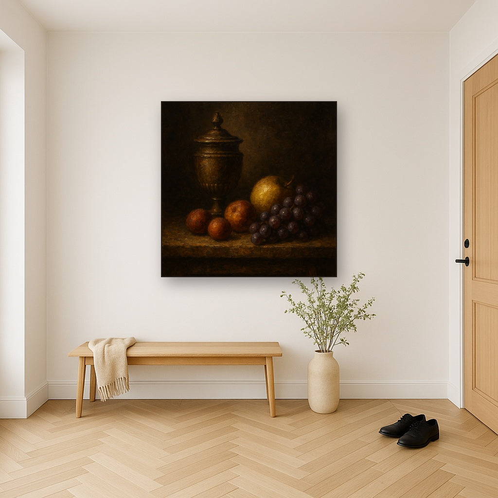 Classical Chiaroscuro Fruit & Urn Still Life No. 3 Oil Painting - Styled in Entryway Hallway