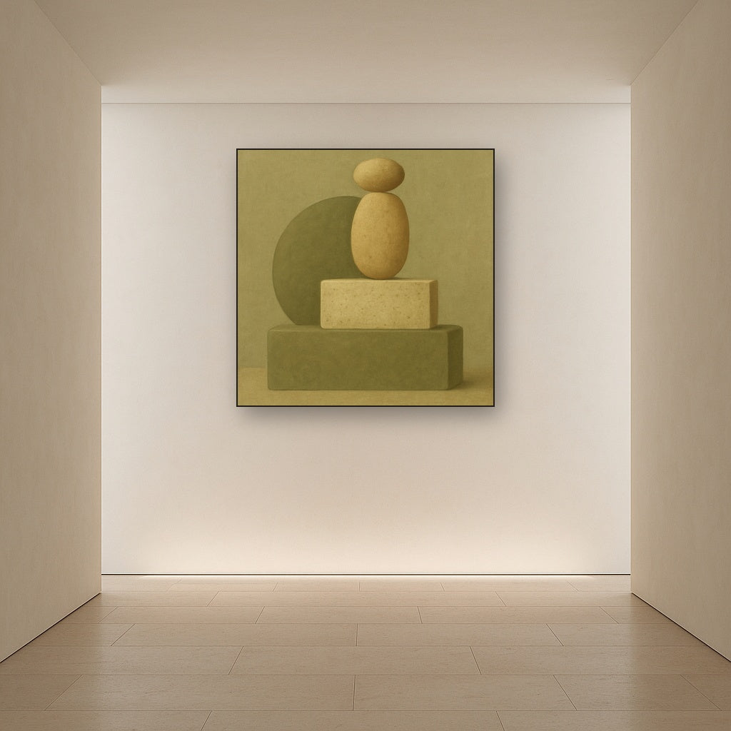 Muted Olive & Sandstone Geometric Balance No. 3 Oil Painting Staged in Bright Entryway and Hallway Gallery Wall, Hand Painted Fine Art on Linen