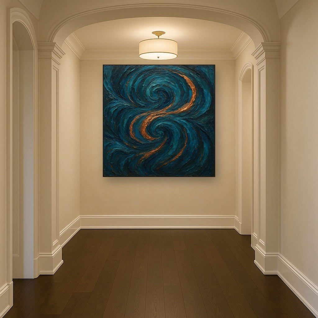 Peacock Teal & Liquid Copper Swirl No. 5 Oil Painting - Styled in Entryway Hallway