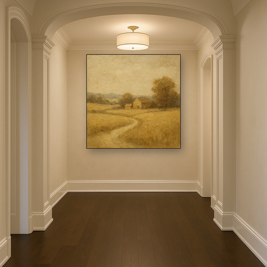 Earthy Linen Plaster Countryside Calm Oil Painting - Styled in Entryway Hallway