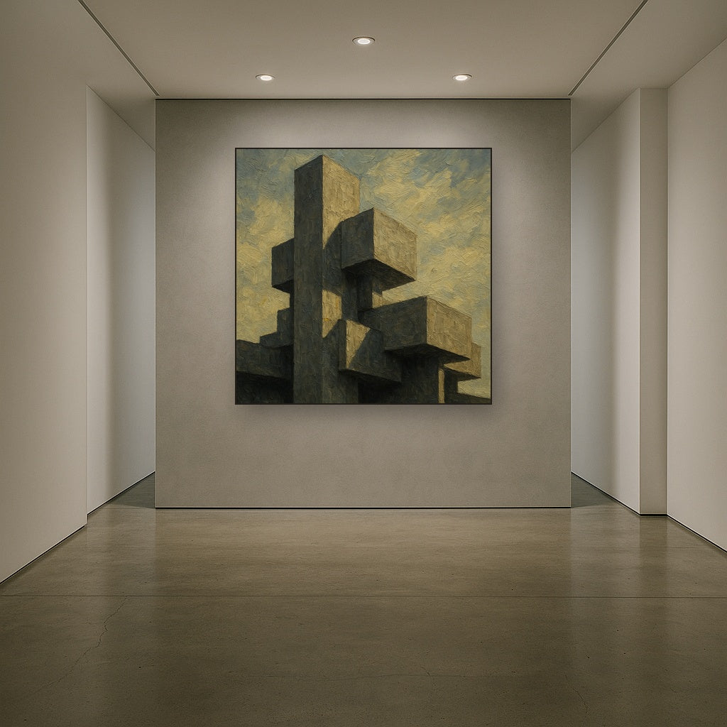 Brutalist Concrete Monolith & Sky No. 6 Oil Painting - Styled in Entryway Hallway
