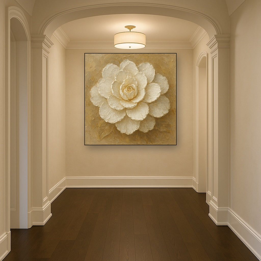 Sculptural White Camellia Heavy Impasto Oil Painting - View 5