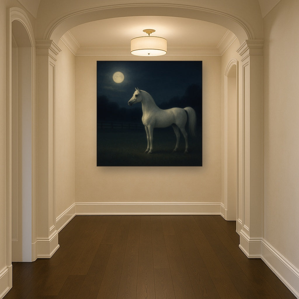 Moonlit Paddock with White Arabian Silhouette No. 8 Oil Painting - View 5