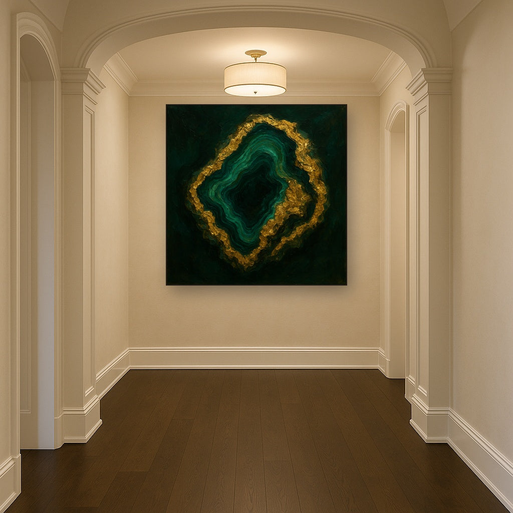 Forest Malachite & Gilded Geode No. 3 Oil Painting - Styled in Entryway Hallway