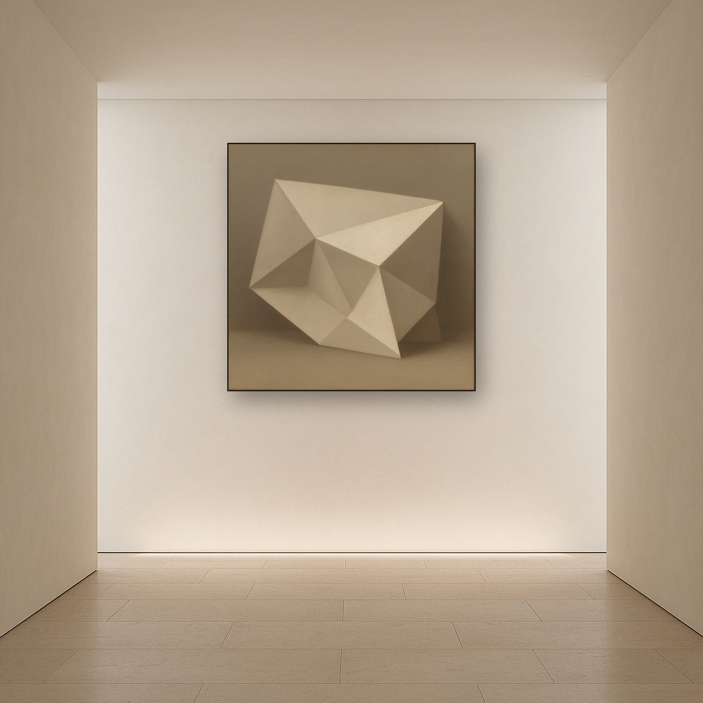 Folded Paper Geometry in Neutral Gradient Shadows No. 11 Oil Painting Staged in Bright Entryway and Hallway Gallery Wall, Hand Painted Fine Art on Linen