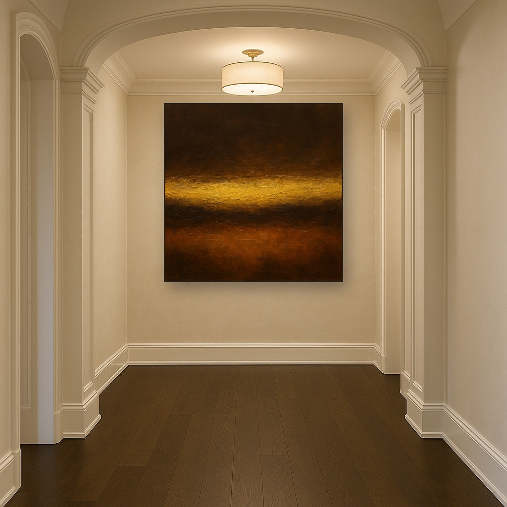 Espresso Velvet & Gilded Horizon No. 2 Oil Painting - Styled in Entryway Hallway