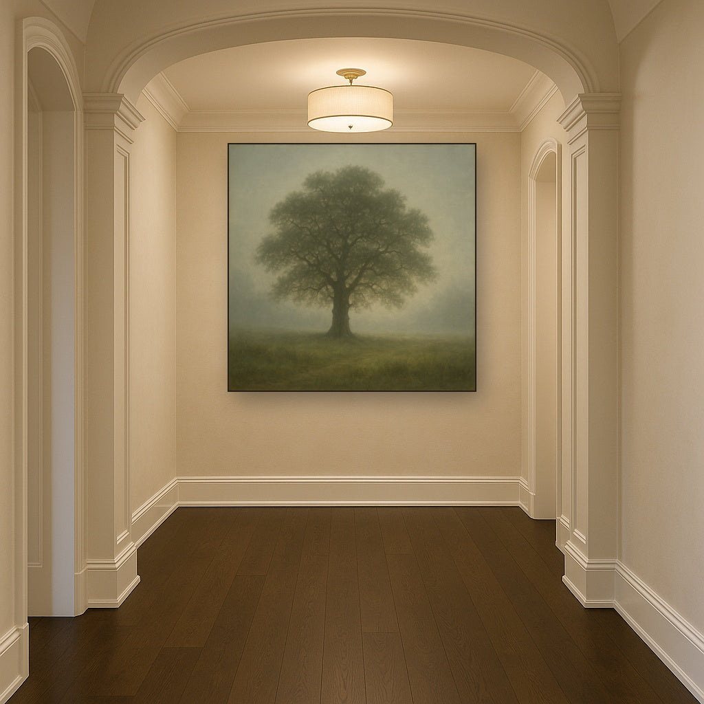 Ancient Solitary Oak in Morning Fog No. 4 Oil Painting - View 5