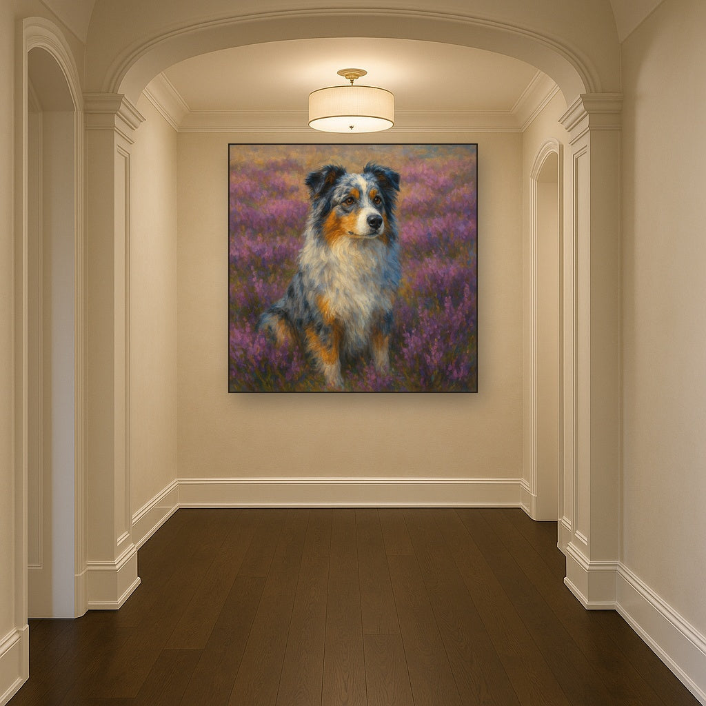Australian Shepherd in Blooming Heather Field No. 3 Fine Art Oil Painting - View 5