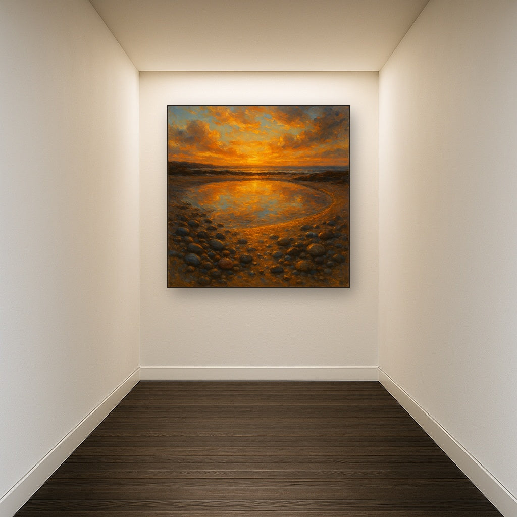 Golden Sunset Tidal Pool Coastal Oil Painting - Styled in Entryway Hallway