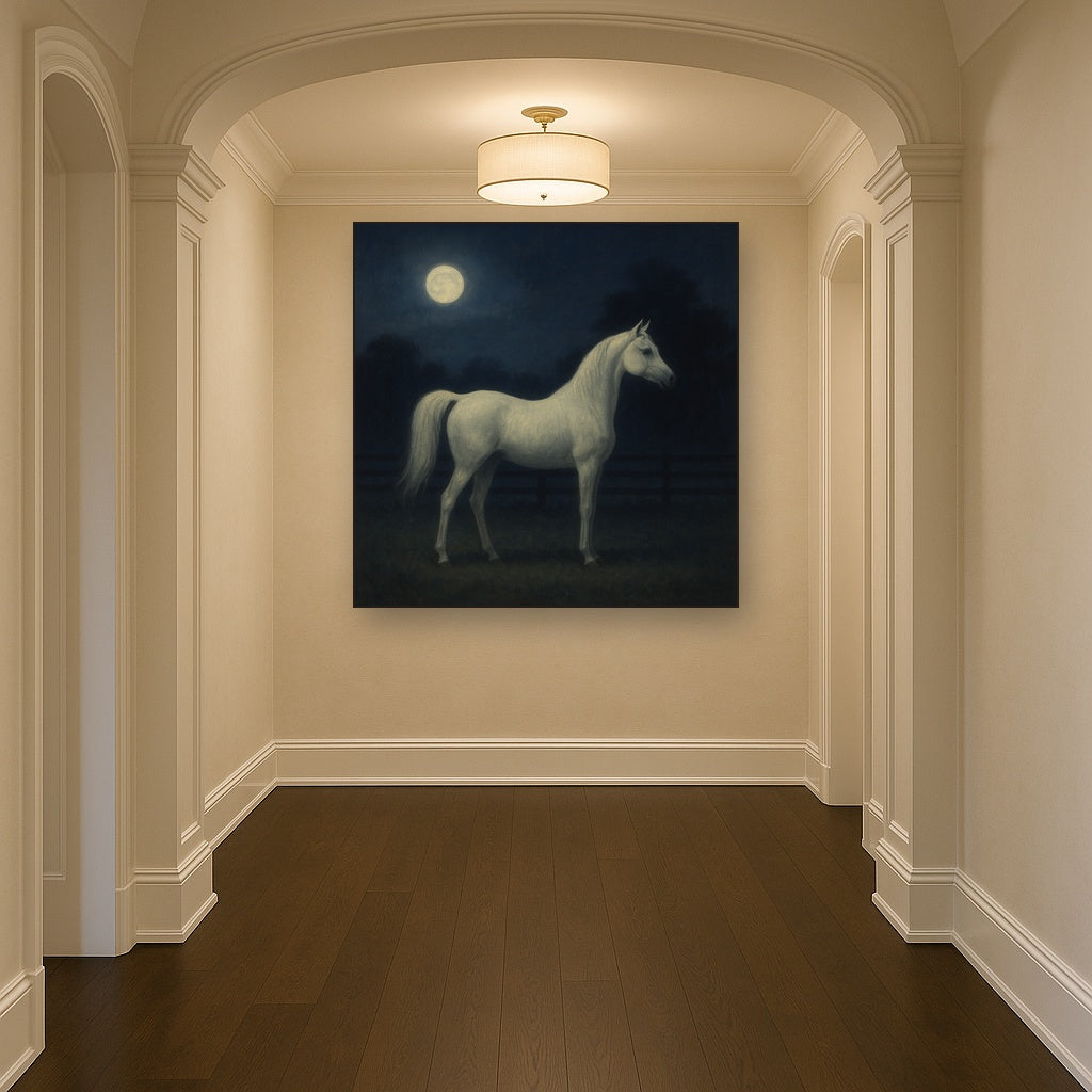 Moonlit Paddock with White Arabian Silhouette No. 12 Oil Painting - View 5