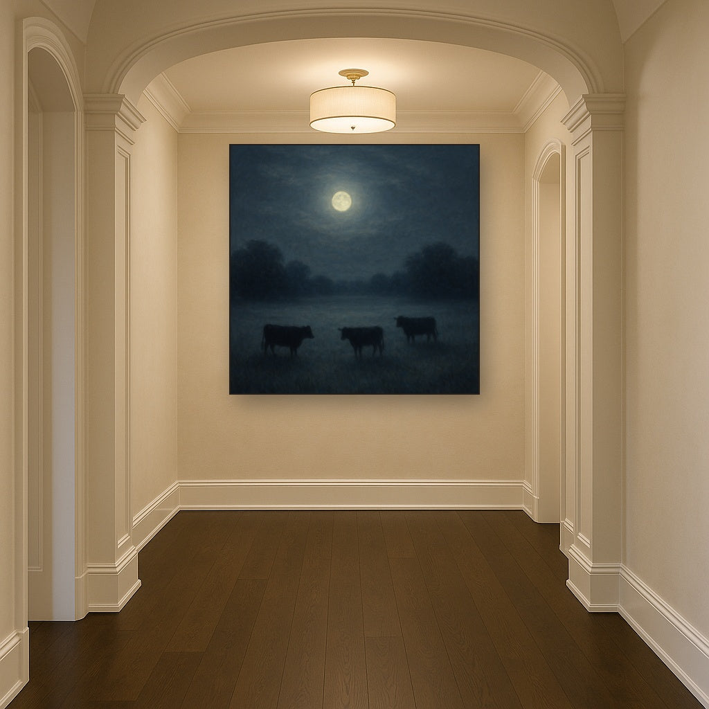 Moonlit Pastoral Meadow & Cattle Silhouettes No. 2 Oil Painting - View 5