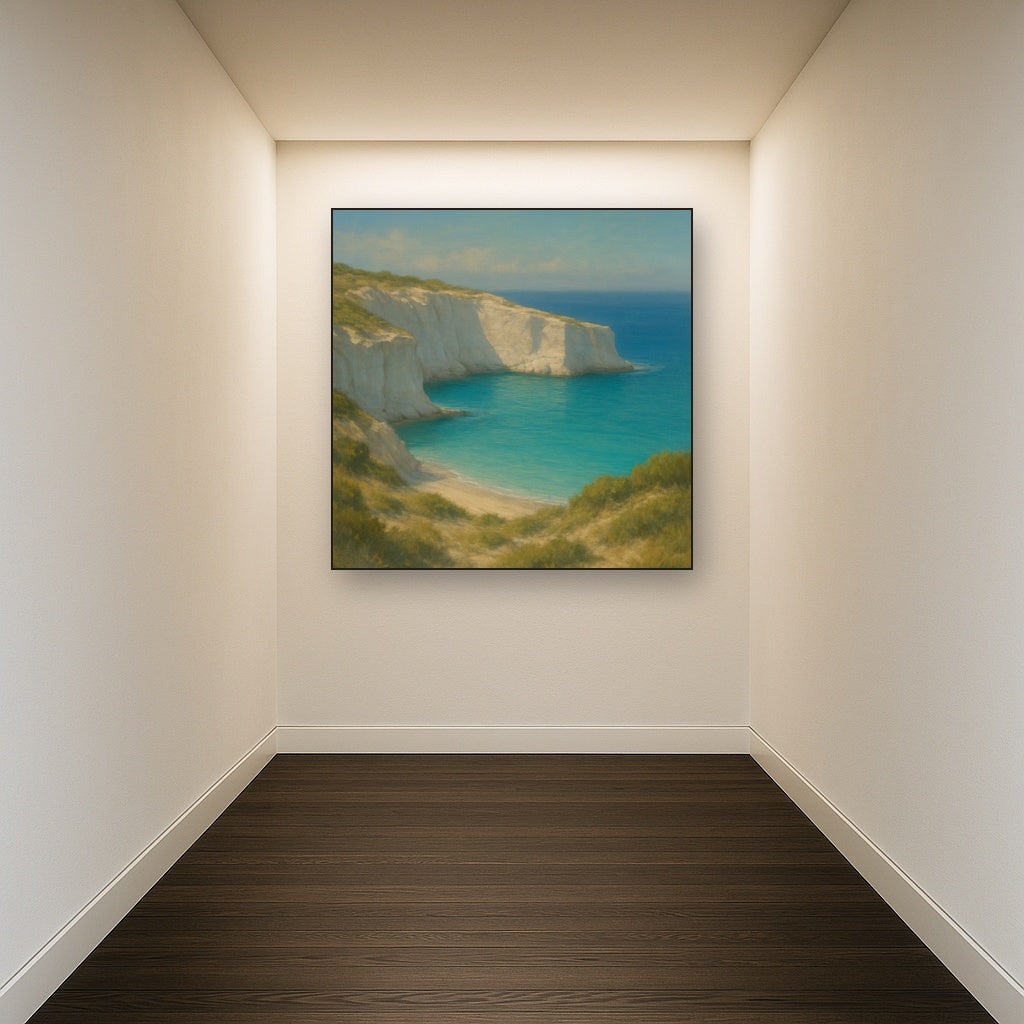 Mediterranean White Cliffs & Turquoise Cove No. 10 Oil Painting Staged in Bright Entryway and Hallway Gallery Wall, Hand Painted Fine Art on Linen