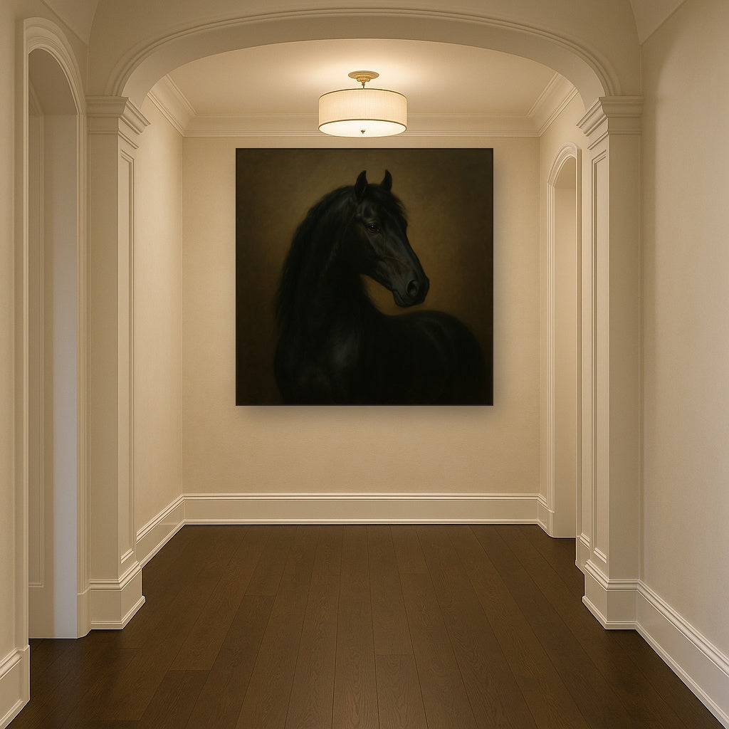 Dark Stallion Portrait in Classical Sfumato No. 10 Oil Painting Staged in Bright Entryway and Hallway Gallery Wall, Hand Painted Fine Art on Linen