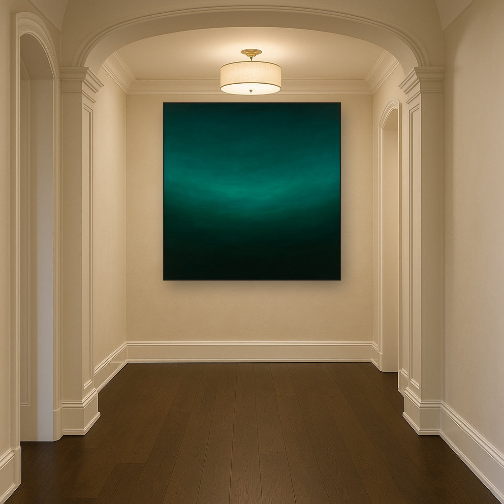 Midnight Teal & Deep Malachite Gradient No. 6 Oil Painting Staged in Bright Entryway and Hallway Gallery Wall, Hand Painted Fine Art on Linen