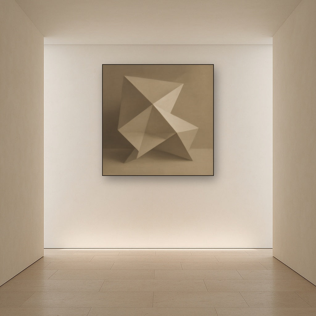 Folded Paper Geometry in Neutral Gradient Shadows No. 22 Oil Painting Staged in Bright Entryway and Hallway Gallery Wall, Hand Painted Fine Art on Linen
