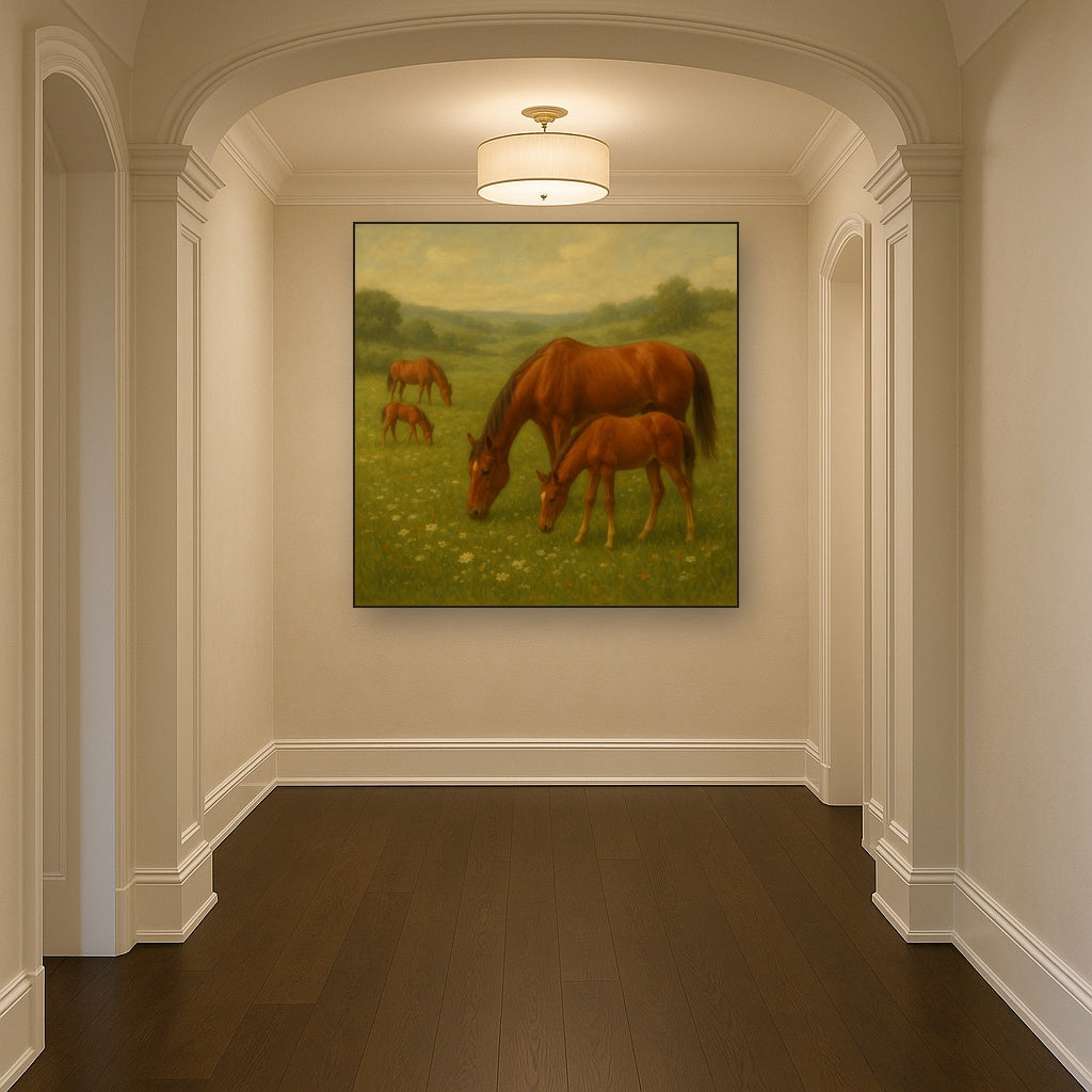 Mares & Foals Grazing in Rolling Meadow No. 19 Oil Painting Staged in Bright Entryway and Hallway Gallery Wall, Hand Painted Fine Art on Linen