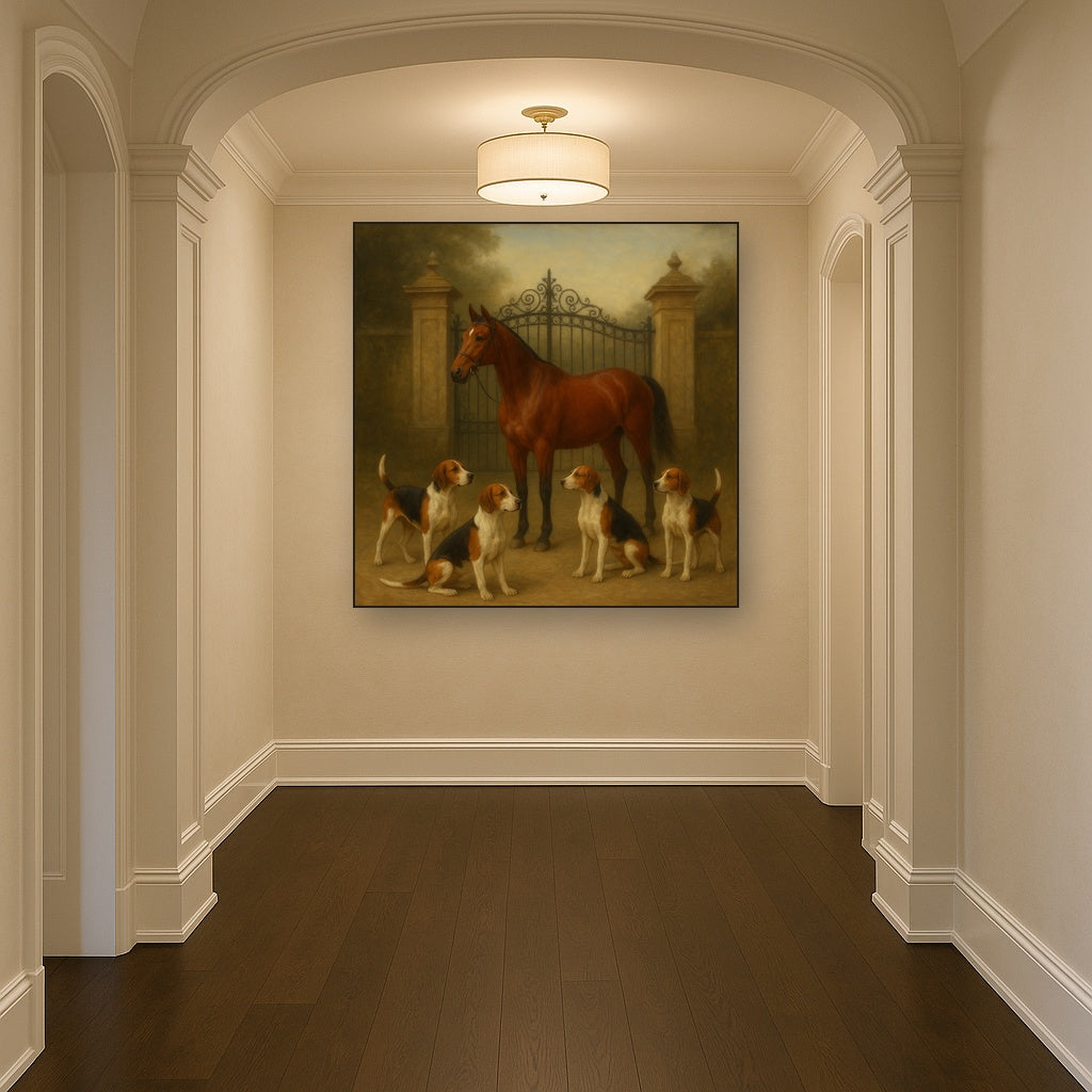 Hunting Hounds & Thoroughbred by Estate Gate No. 4 Oil Painting Staged in Bright Entryway and Hallway Gallery Wall, Hand Painted Fine Art on Linen