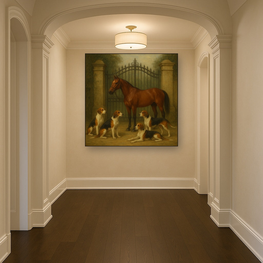 Hunting Hounds & Thoroughbred by Estate Gate No. 6 Oil Painting Staged in Bright Entryway and Hallway Gallery Wall, Hand Painted Fine Art on Linen