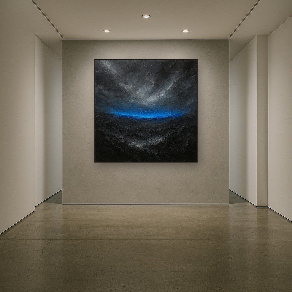 Cobalt Horizon Dynamic Modern Abstract Oil Painting - Styled in Entryway Hallway