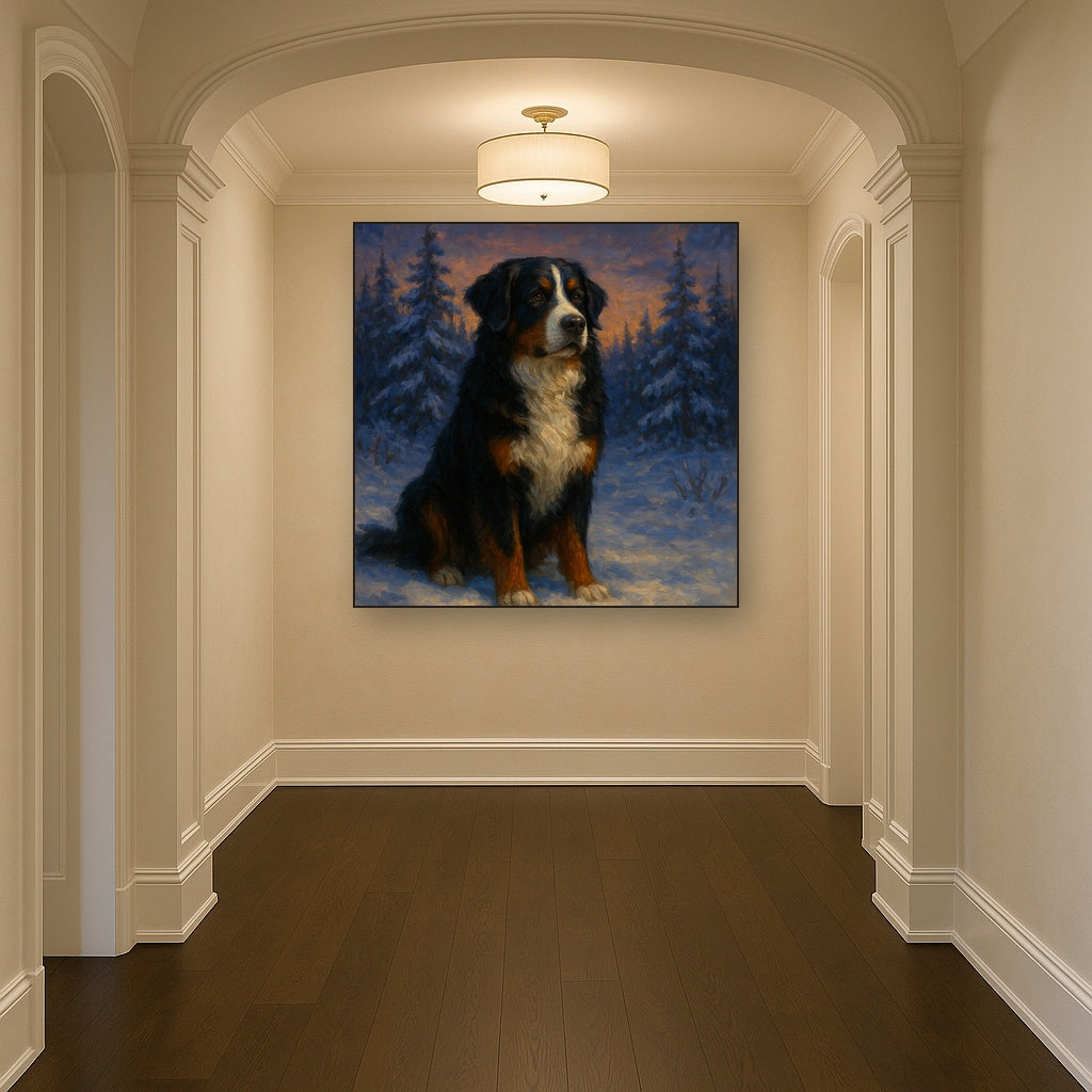 Bernese Mountain Dog in Winter Snowscape No. 2 Fine Art Oil Painting - View 5