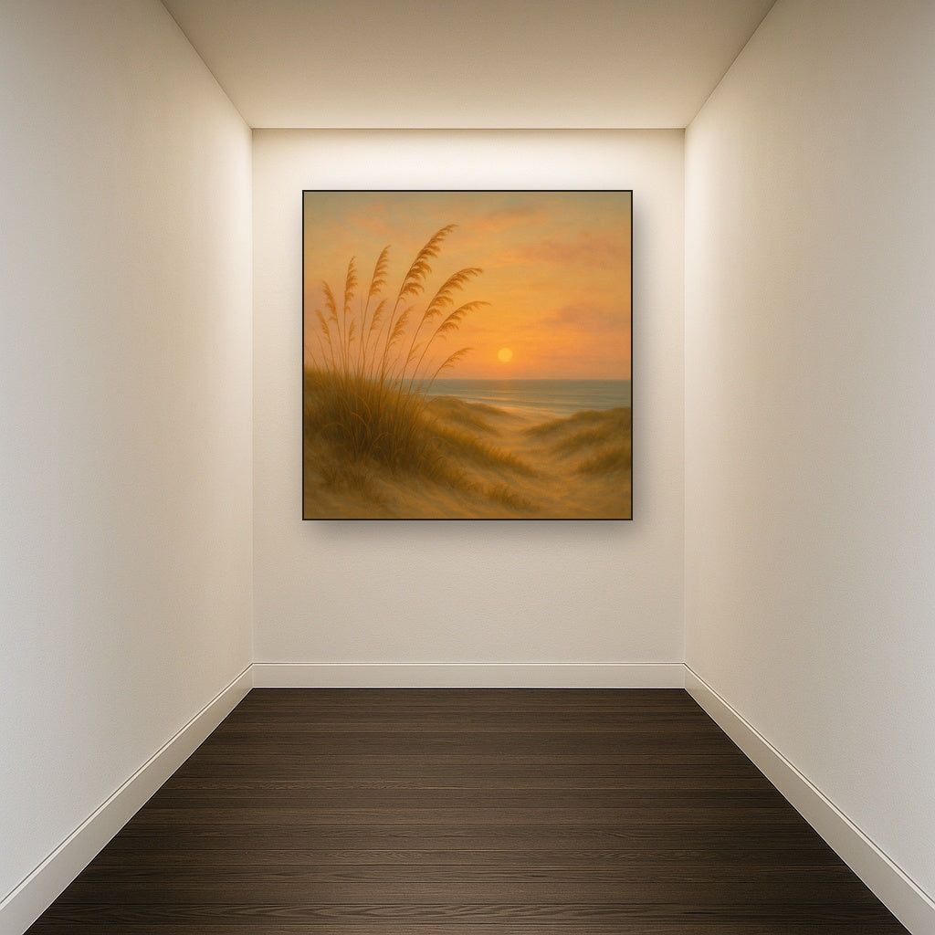 Sea Oats on Rolling Coastal Dunes at Sunset No. 11 Oil Painting Staged in Bright Entryway and Hallway Gallery Wall, Hand Painted Fine Art on Linen