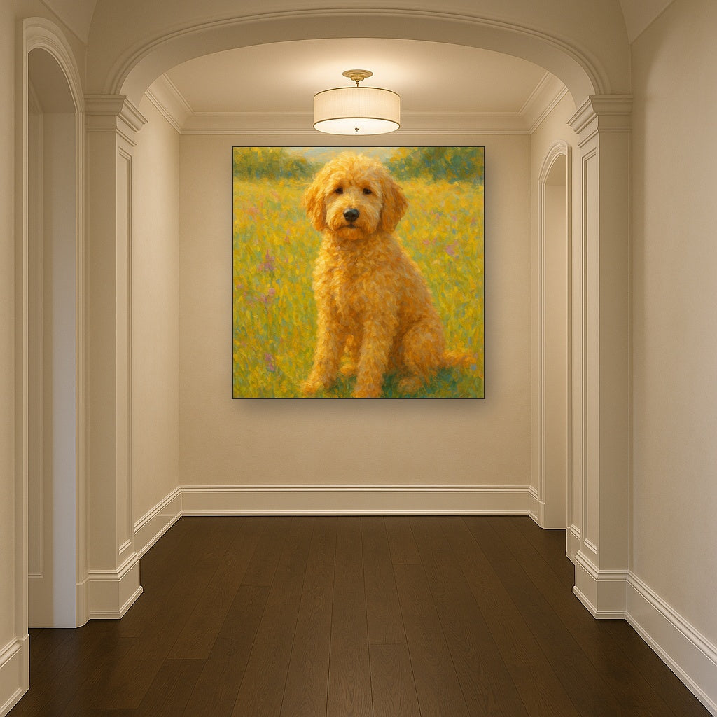 Fluffy Goldendoodle in Sun-Drenched Meadow No. 9 Fine Art Oil Painting - View 5