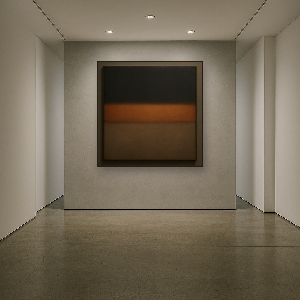 Charcoal Slate & Burnished Copper Horizon No. 22 Oil Painting Staged in Bright Entryway and Hallway Gallery Wall, Hand Painted Fine Art on Linen