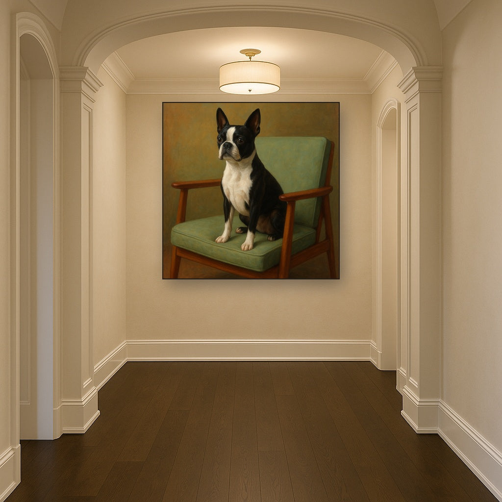 Boston Terrier in Warm Mid-Century Armchair No. 2 Fine Art Oil Painting - View 5