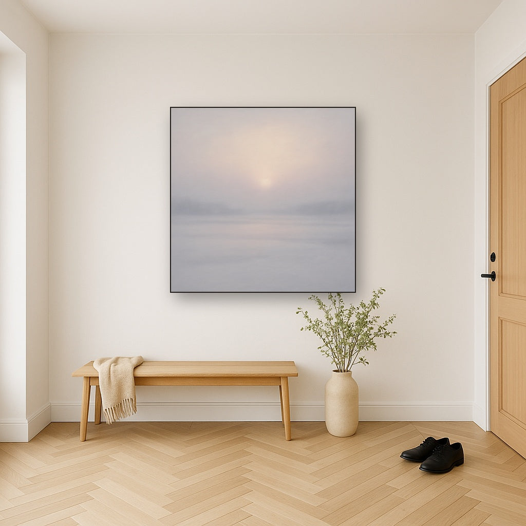 Winter Dawn Frost & Pale Silver Light No. 4 Oil Painting Staged in Bright Entryway and Hallway Gallery Wall, Hand Painted Fine Art on Linen