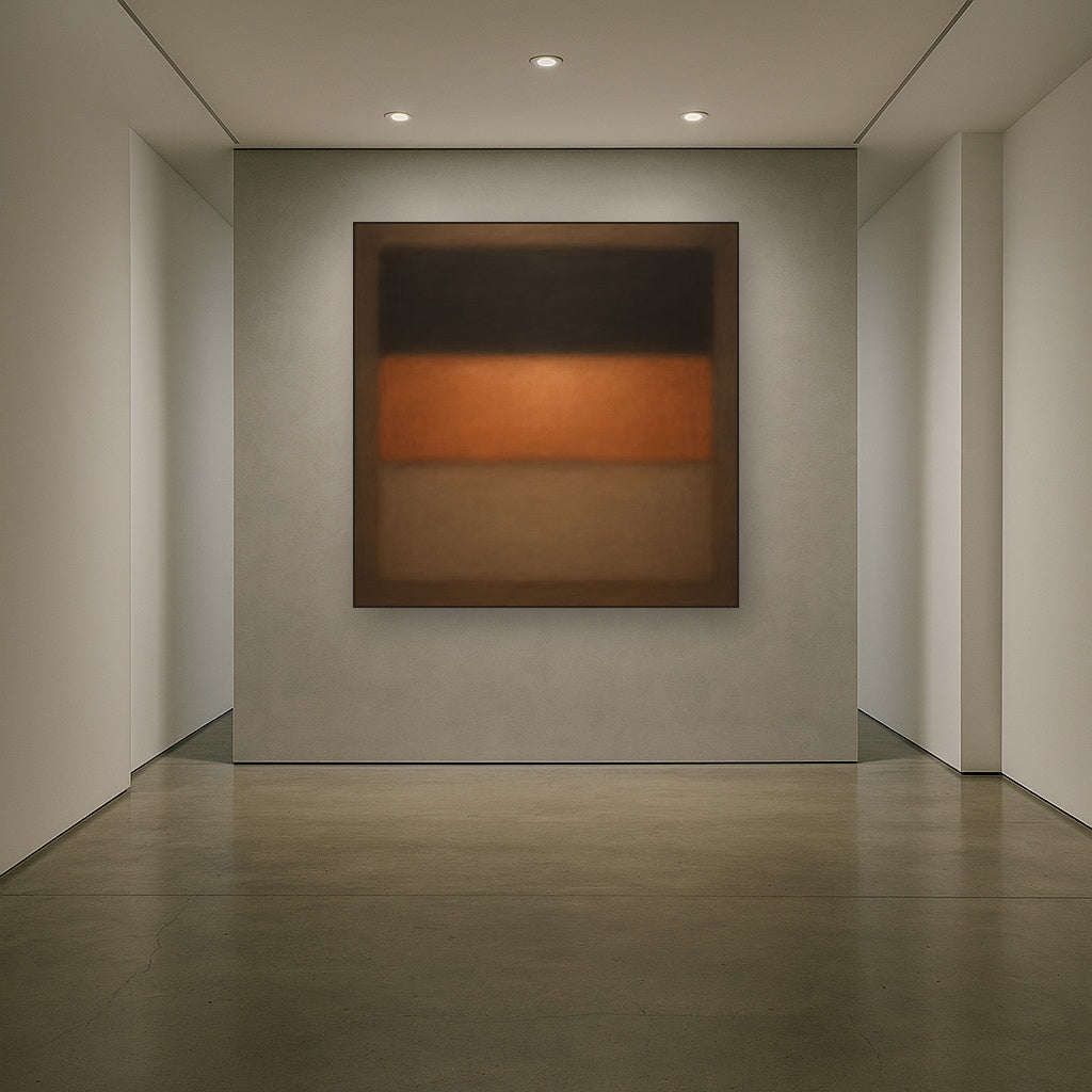 Charcoal Slate & Burnished Copper Horizon No. 13 Oil Painting Staged in Bright Entryway and Hallway Gallery Wall, Hand Painted Fine Art on Linen