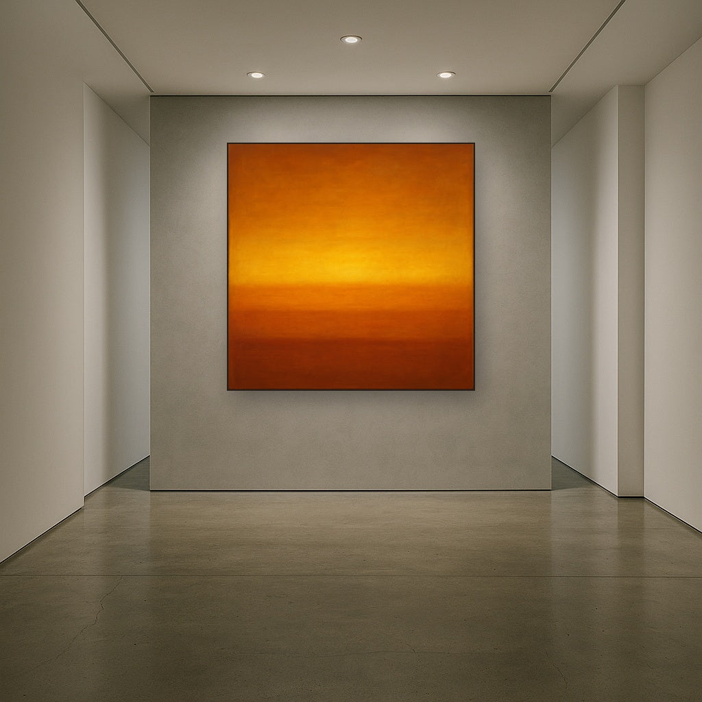 Warm Amber & Raw Sienna Sunset Meditation No. 3 Oil Painting Staged in Bright Entryway and Hallway Gallery Wall, Hand Painted Fine Art on Linen