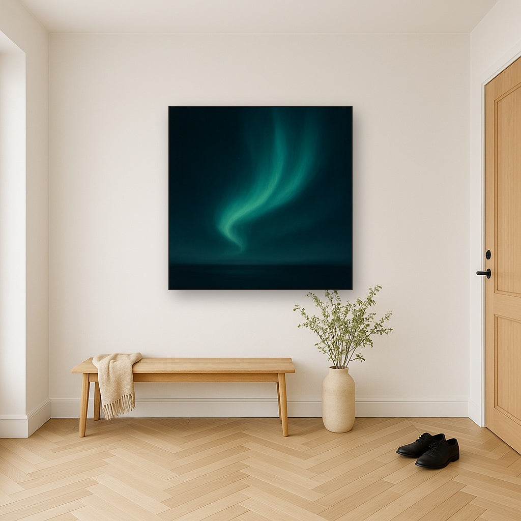 Aurora Borealis Veil in Deep Midnight Indigo No. 17 Oil Painting Staged in Bright Entryway and Hallway Gallery Wall, Hand Painted Fine Art on Linen