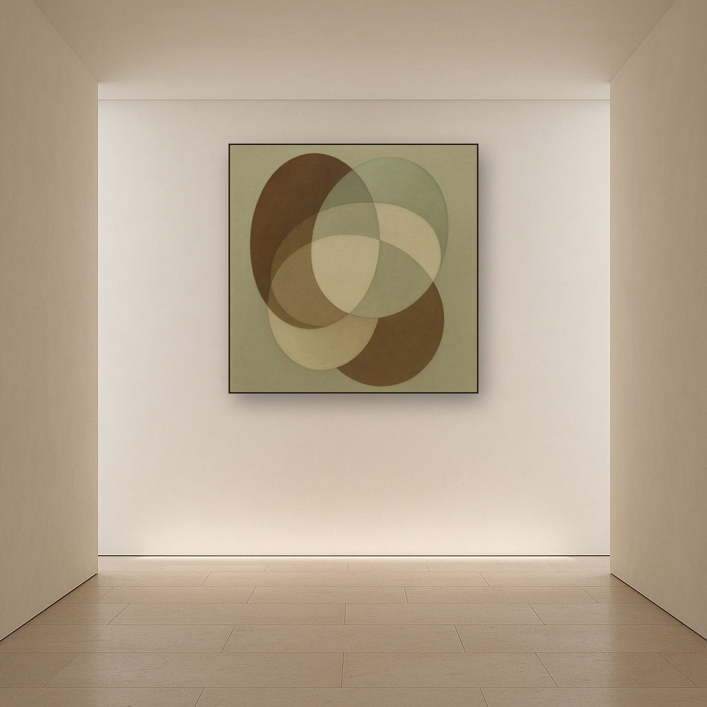 Floating Ellipse Harmony in Walnut & Pale Sage No. 4 Oil Painting Staged in Bright Entryway and Hallway Gallery Wall, Hand Painted Fine Art on Linen