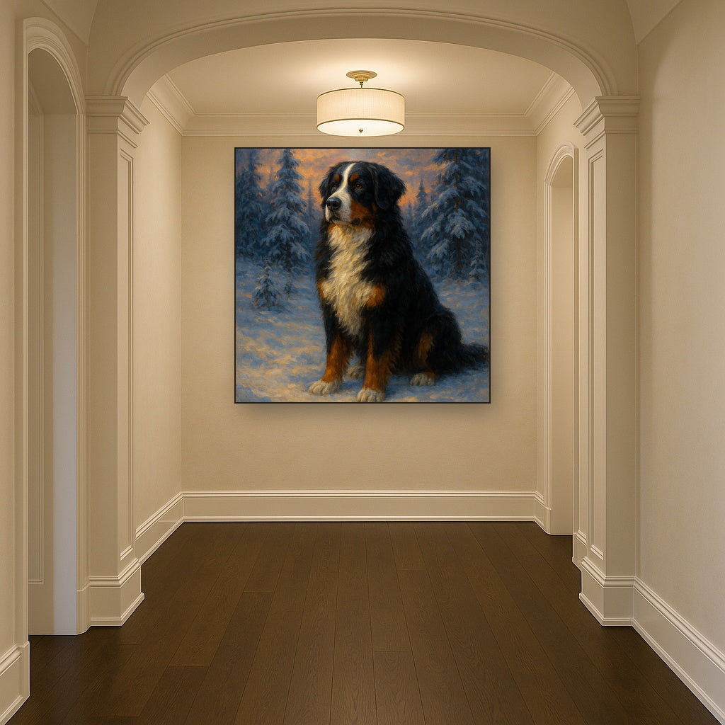Bernese Mountain Dog in Winter Snowscape No. 11 Fine Art Oil Painting - View 5