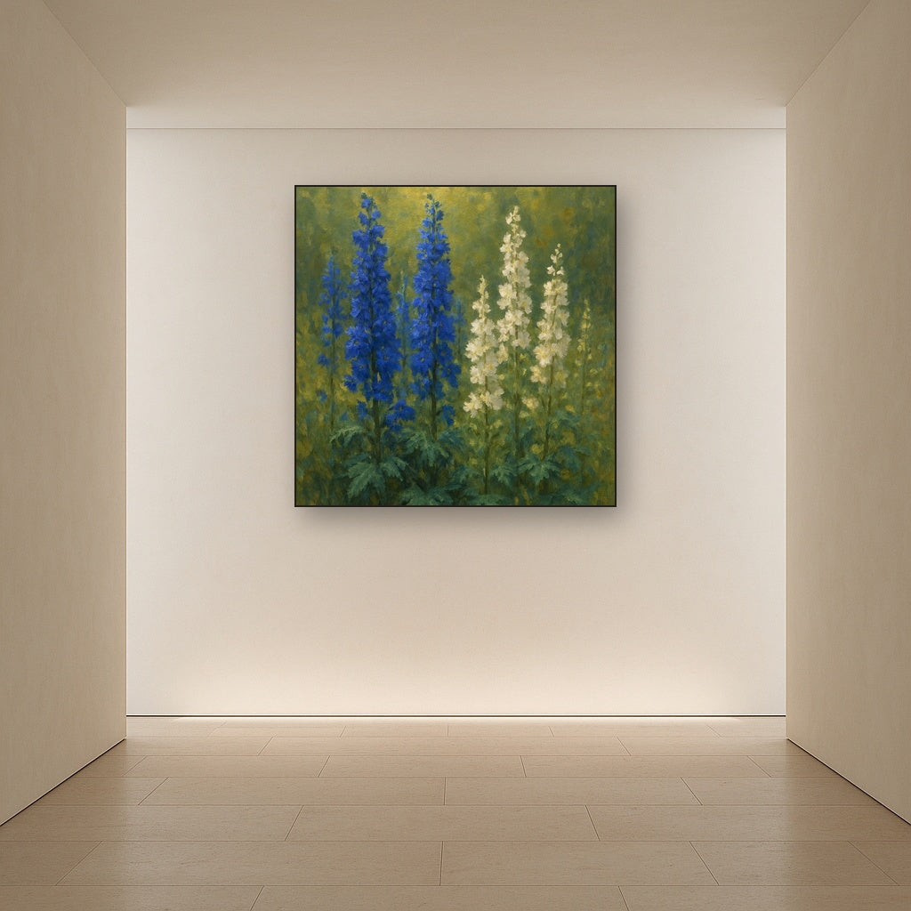 Wild Blue Delphiniums & White Larkspur Garden Fine Art Oil Painting - View 5