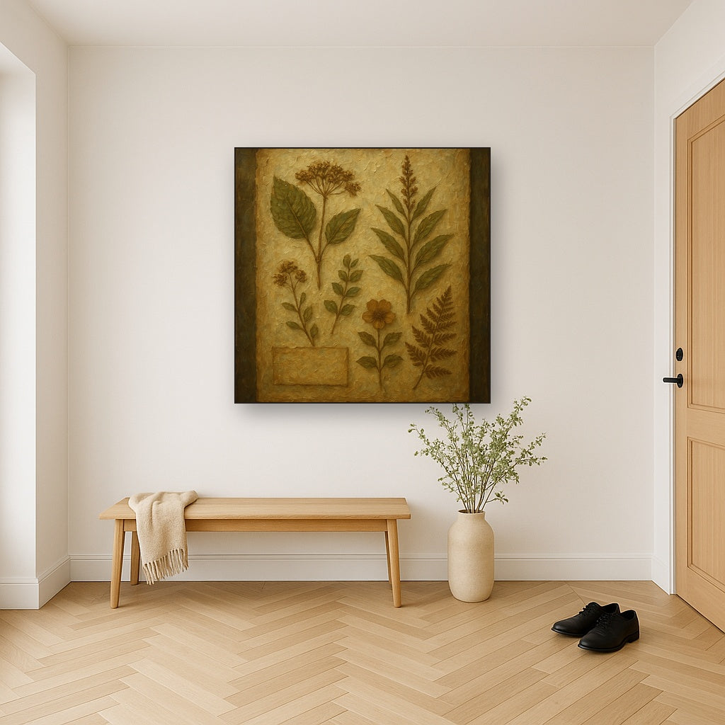 Antique Botanical Herbarium Study Oil Painting - Styled in Entryway Hallway