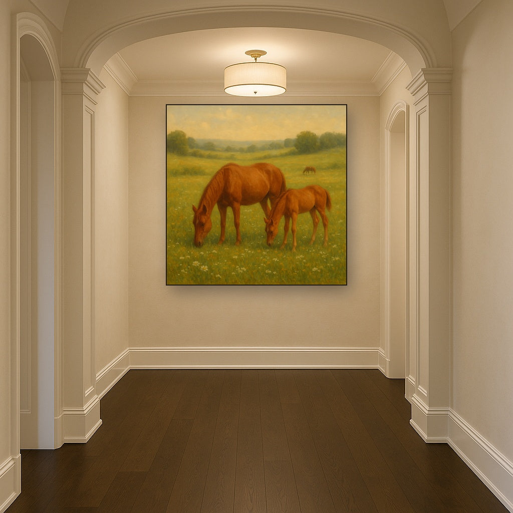 Mares & Foals Grazing in Rolling Meadow No. 7 Oil Painting - View 5
