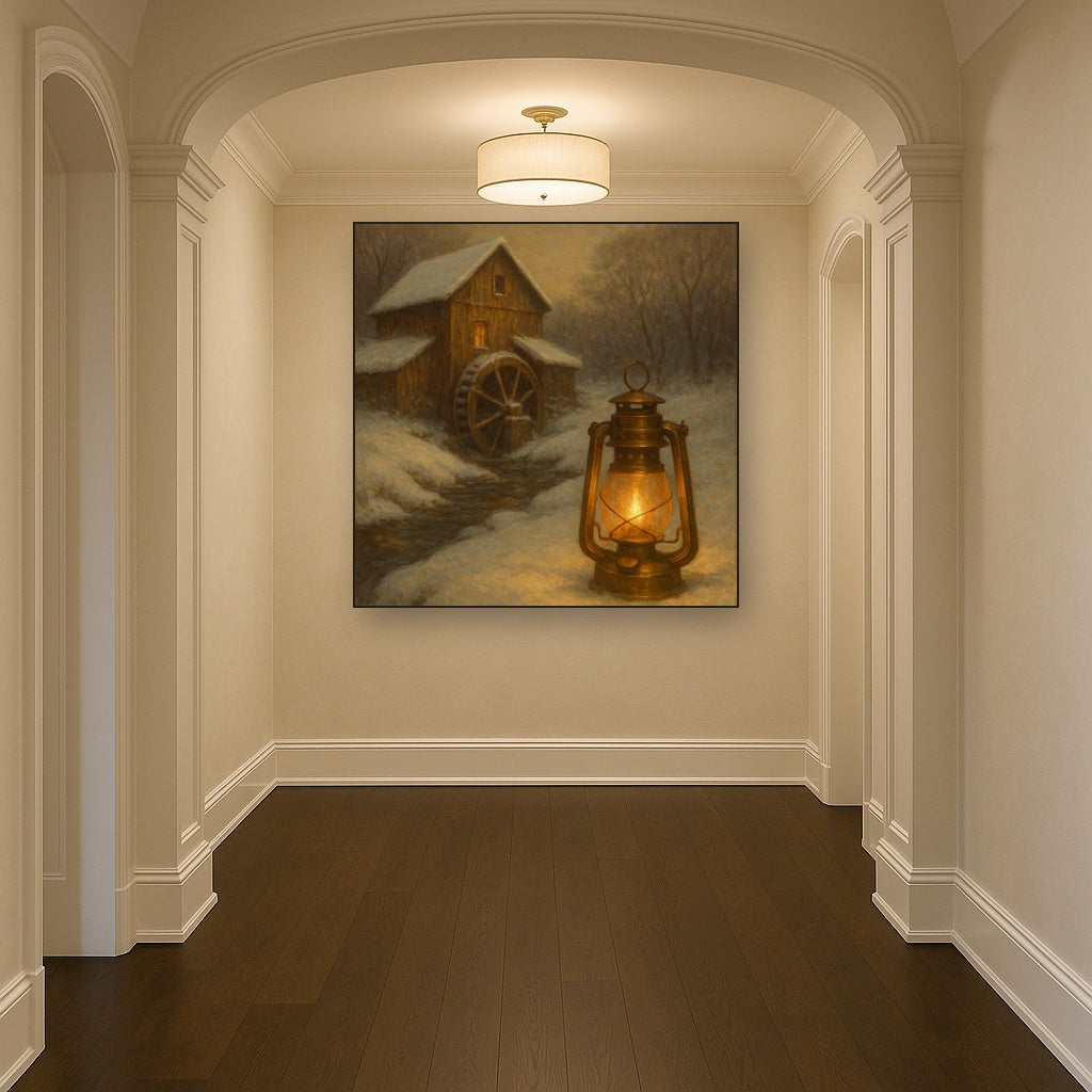 Snowy Mill Stream & Glowing Lantern No. 5 Oil Painting - View 5