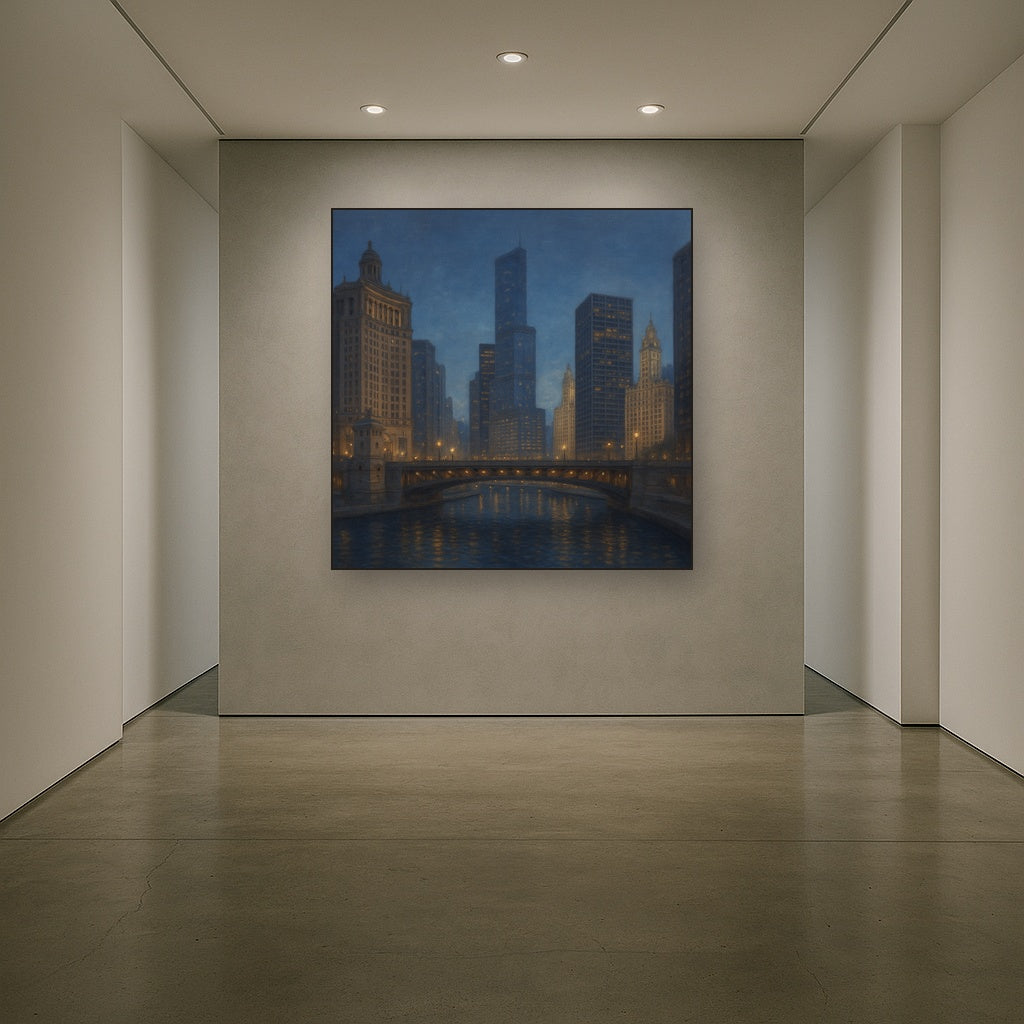 Chicago Riverfront Architecture at Blue Hour No. 15 Oil Painting - View 5