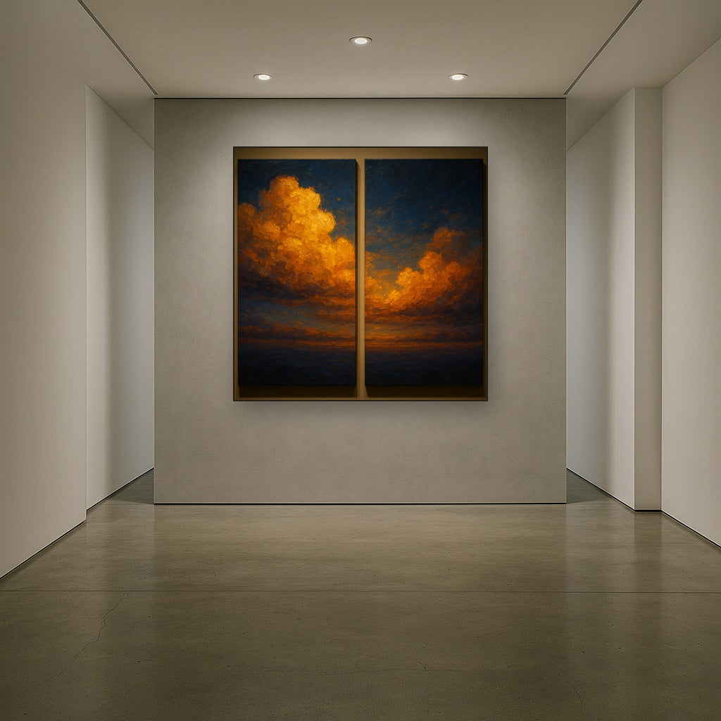 Luminescent Twilight Cloud Diptych No. 2 Oil Painting - Styled in Entryway Hallway