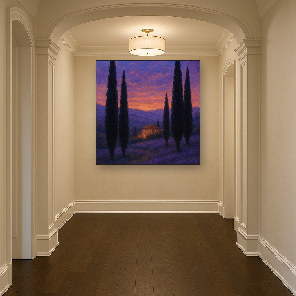 Tuscan Cypress Twilight Landscape Oil Painting - View 5
