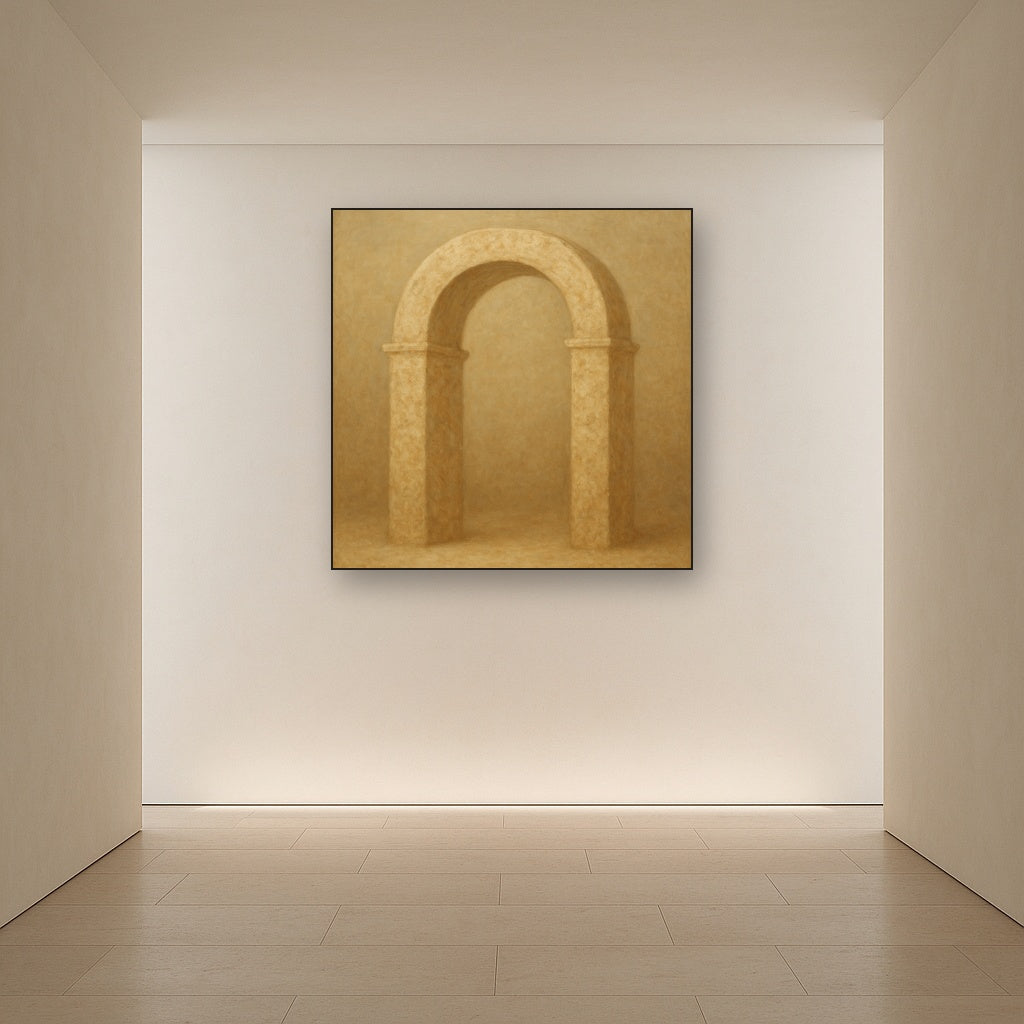 Travertine Stone Arch & Earth Tones No. 7 Oil Painting Staged in Bright Entryway and Hallway Gallery Wall, Hand Painted Fine Art on Linen