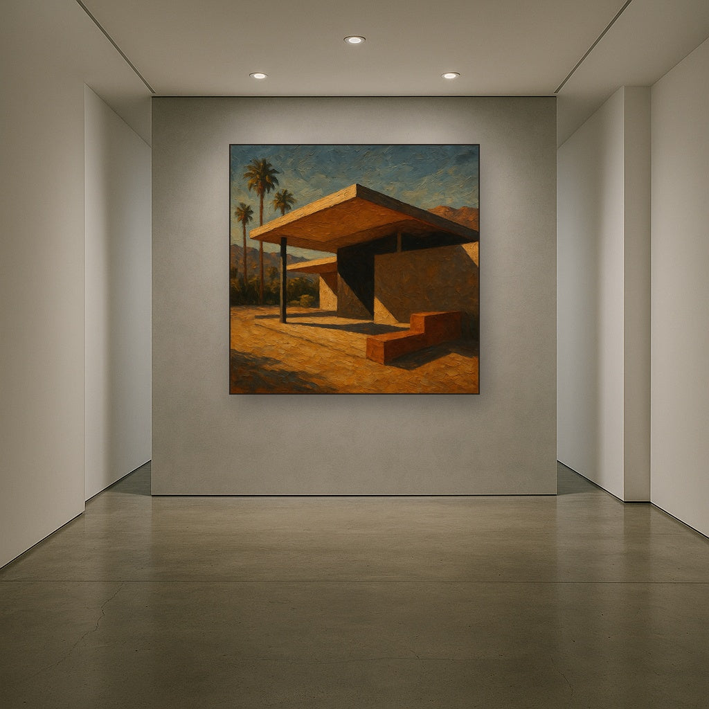 Palm Springs Modernist Pavilion Shadow No. 5 Oil Painting - Styled in Entryway Hallway