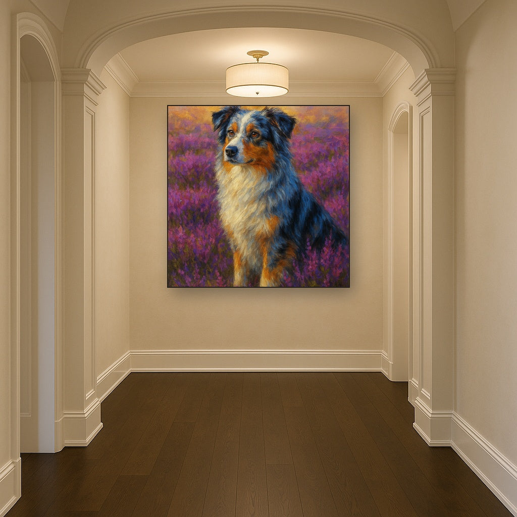 Australian Shepherd in Blooming Heather Field No. 6 Fine Art Oil Painting - View 5