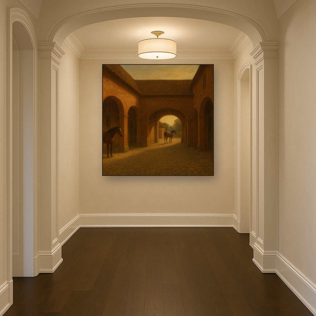 Equestrian Stable Courtyard in Late Afternoon No. 20 Oil Painting Staged in Bright Entryway and Hallway Gallery Wall, Hand Painted Fine Art on Linen
