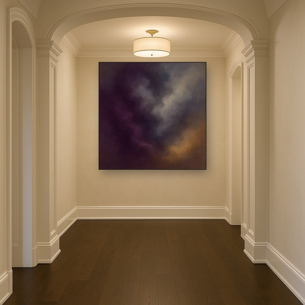 Gilded Plum & Soft Smoke Cloud Harmony No. 4 Oil Painting Staged in Bright Entryway and Hallway Gallery Wall, Hand Painted Fine Art on Linen