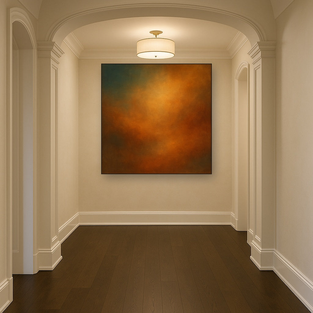 Deep Topaz & Spiced Terracotta Glow No. 20 Oil Painting Staged in Bright Entryway and Hallway Gallery Wall, Hand Painted Fine Art on Linen