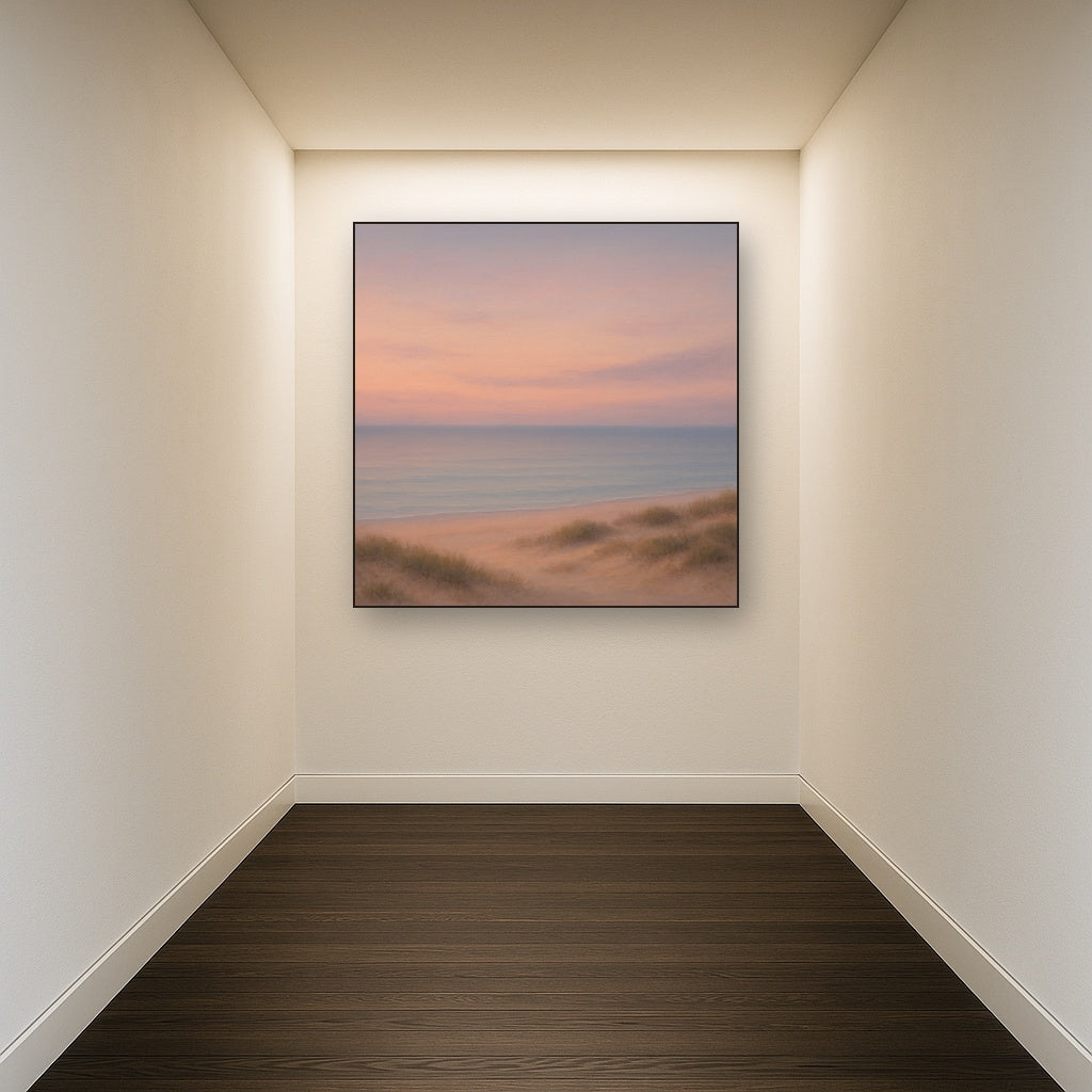 Pastel Dusk Horizon over Calm Atlantic Waters No. 19 Oil Painting Staged in Bright Entryway and Hallway Gallery Wall, Hand Painted Fine Art on Linen