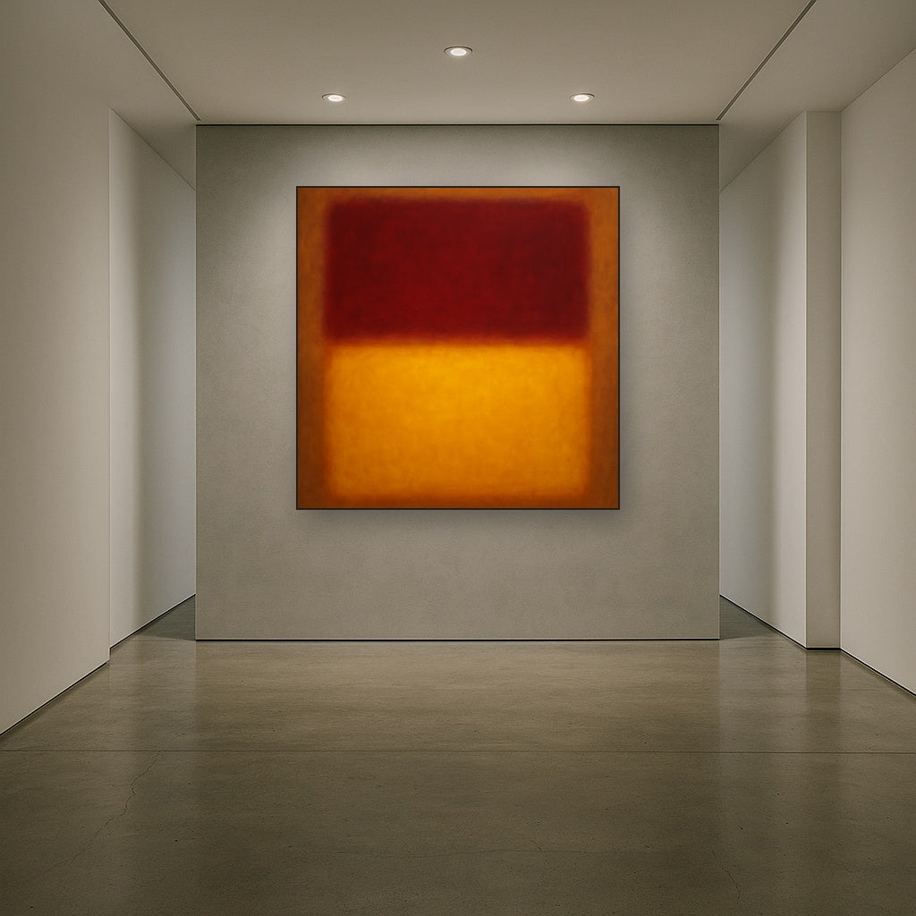 Crimson Burgundy & Saffron Gold Color Vibrations No. 12 Oil Painting Staged in Bright Entryway and Hallway Gallery Wall, Hand Painted Fine Art on Linen