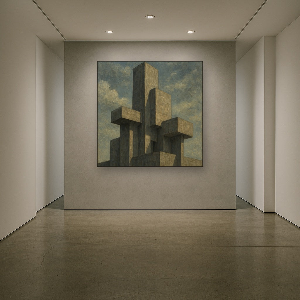 Brutalist Concrete Monolith & Sky No. 8 Oil Painting - Styled in Entryway Hallway